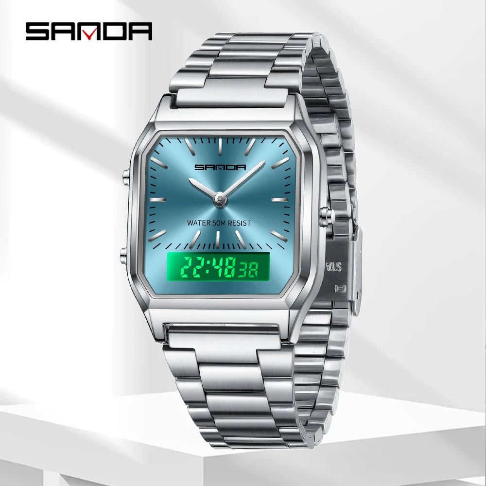 SANDA Luxury Men\'s Watch High Quality Stainless Steel Lady LED Digital Dual Display Clock Unisex Waterproof Sports Quartz Watch