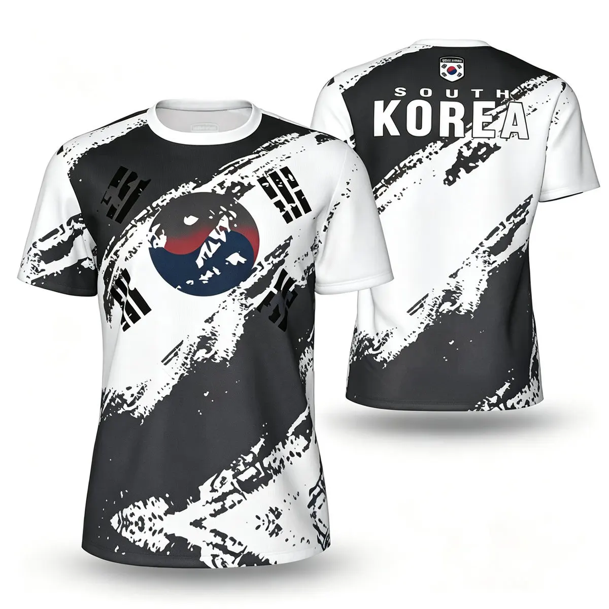 Men Casual Fashion T-Shirt South Korea Flag Letter Print 3D Digital Printed Regular Fit O-Neck Sporty Tops Tees