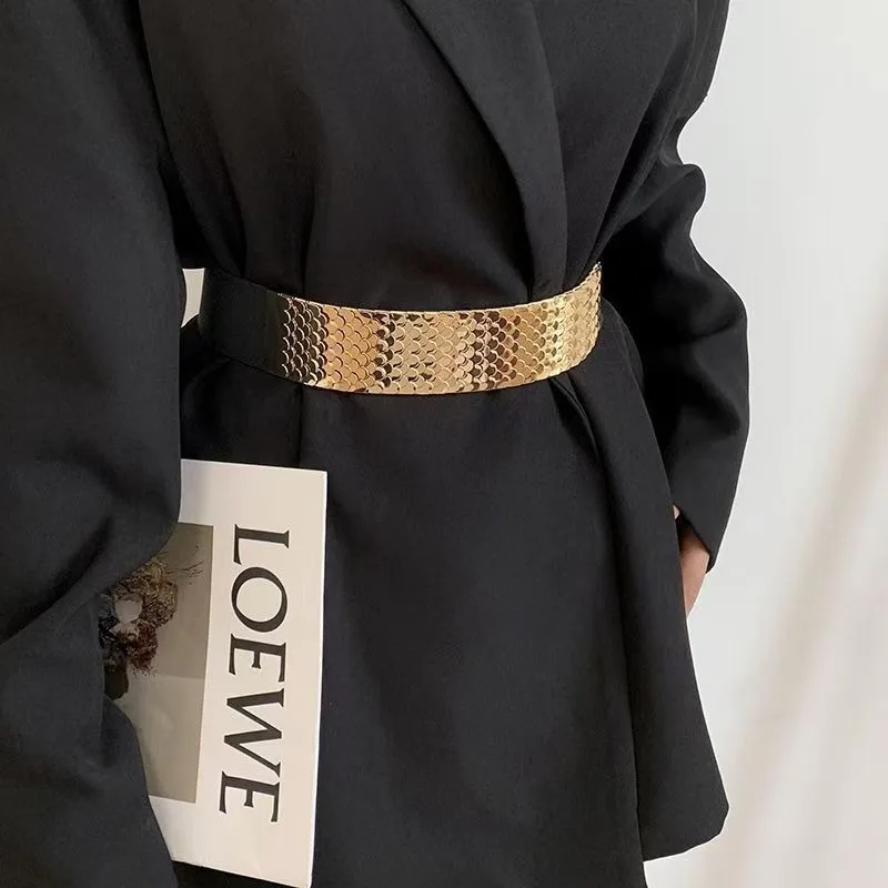 Cintura larga con sigillo in vita alla moda Pratica scala di pesce in metallo Abito decorativo alla moda Vendita calda Cintura elastica per tutto il cappotto
