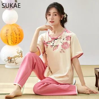 SUKAE chiński styl Retro zestaw piżam damskich letnia elegancka bielizna nocna Casual kobieta Homewear z krótkim rękawem bielizna nocna ze sztucznej bawełny