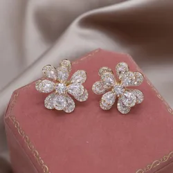 2023 French New Fashion Jewelry 14K Gold plated Exquisite Zircon Double Layer Flower Earrings Elegant Women's Party Accessories