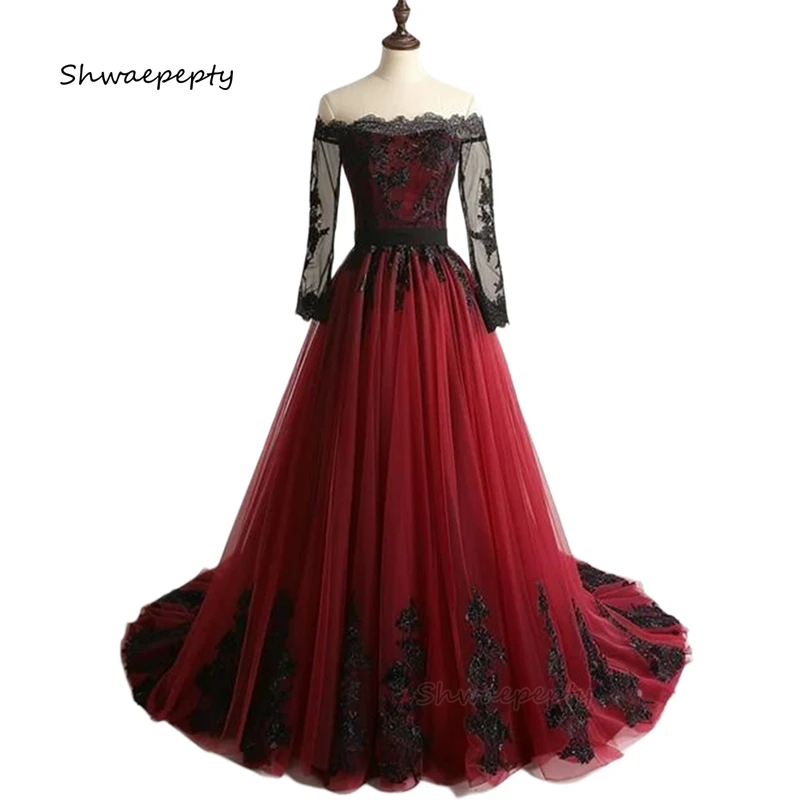 

Black And Burgundy Wedding Dress Lace Appliques Long Sleeves Boat Neck Vintage Gothic Bridal Gown Customized