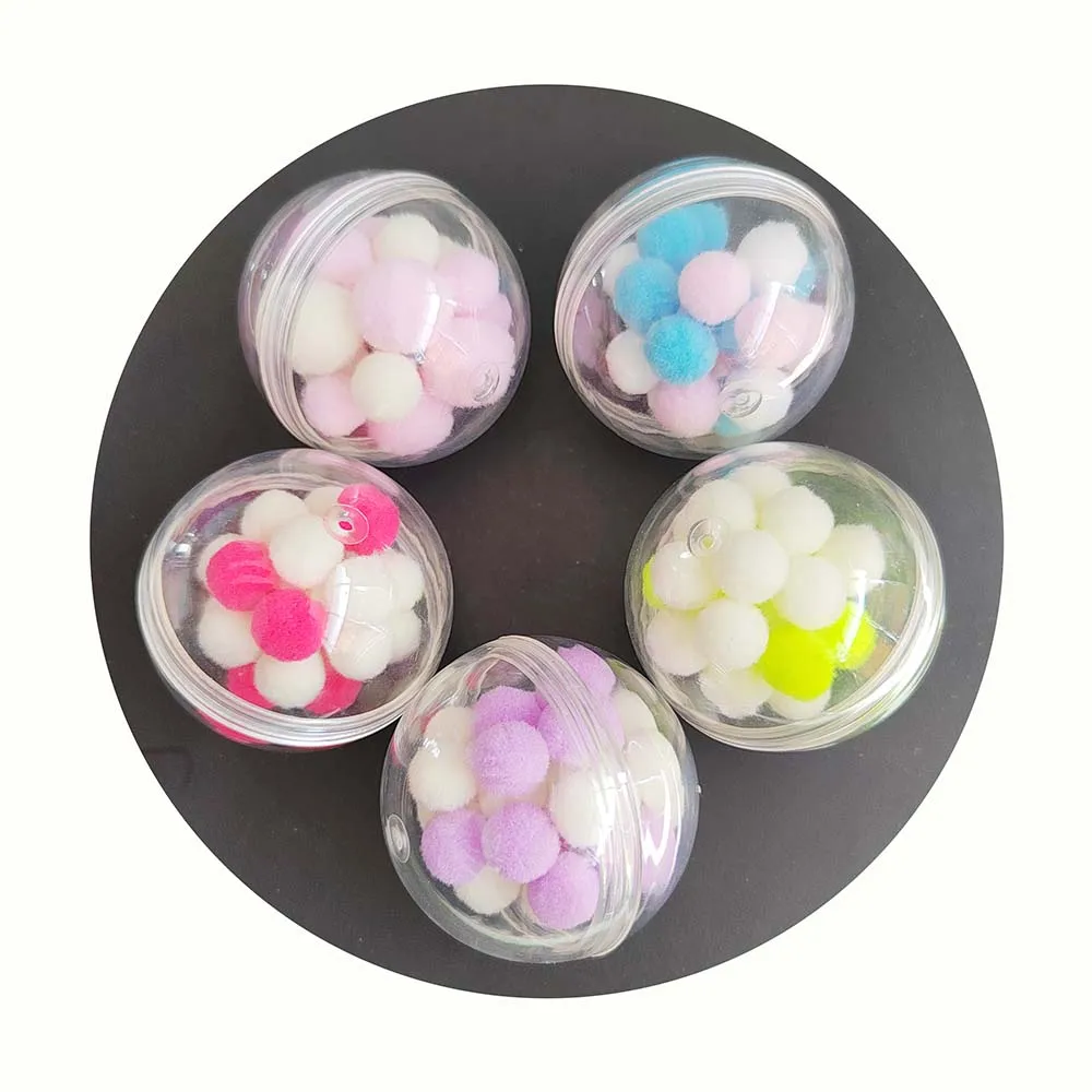 

45MM Transparent Plastic Acrylic Ball with Pompoms Filling for Christmas Tree Ornaments Pens Wedding Party