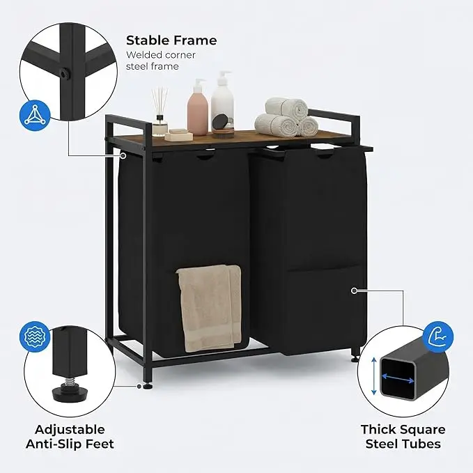 2 Compartments Laundry Basket with Shelf, Laundry Box Metal and MDF Dirty Laundry Container Extendable, Laundry Sorter Bathroom