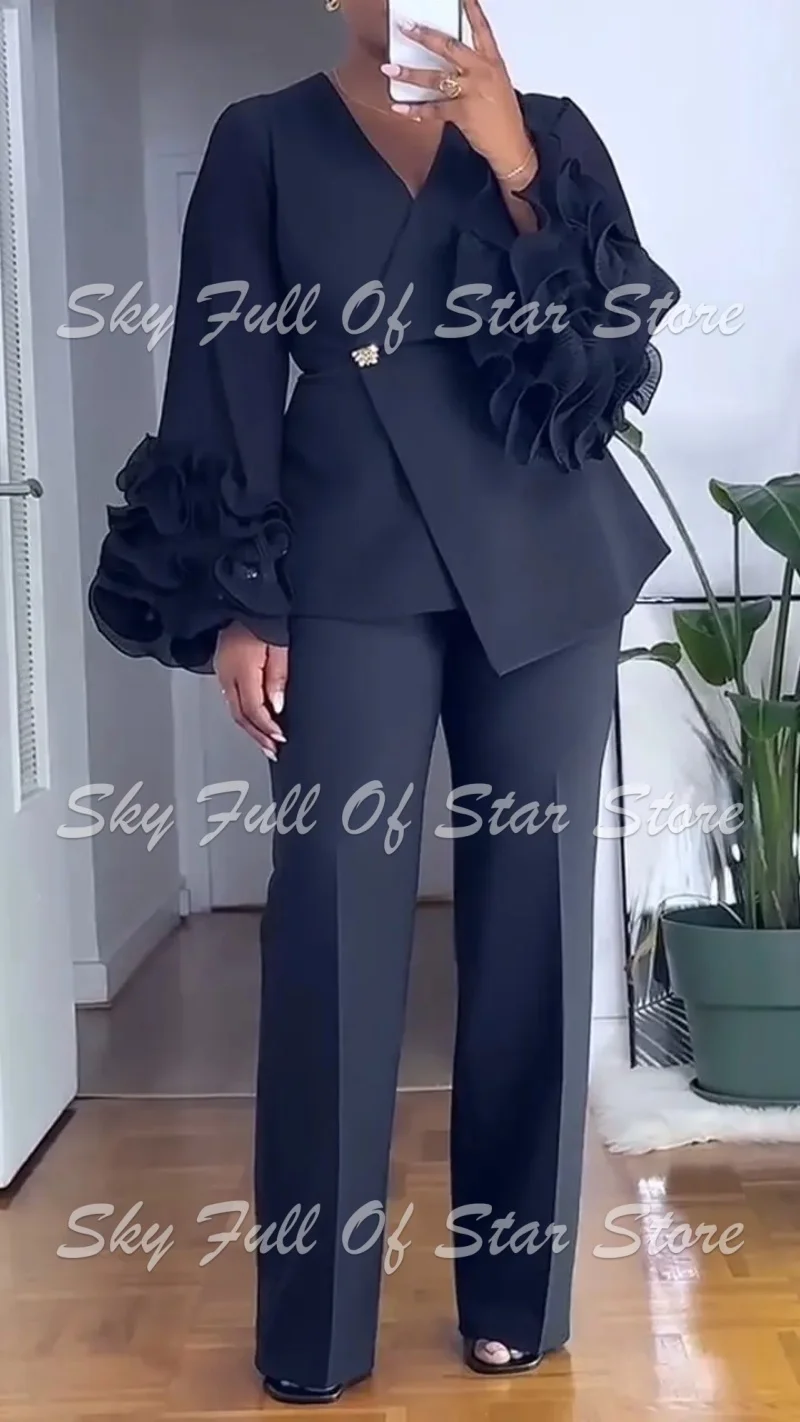 Black Asymmetric Wrap Women Suit Set 2 Pcs Multi Layer Ruffle Sleeve Blazer+Straight Pants Formal Evening Party Prom Lady Jacket