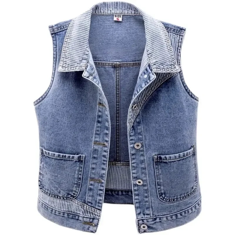 

2025 Women's Denim Vest Jacket Spring Autumn Stripe Splicing Short Jean Waistcoat Casual Tops Sleeveless Outerwear S-5XL