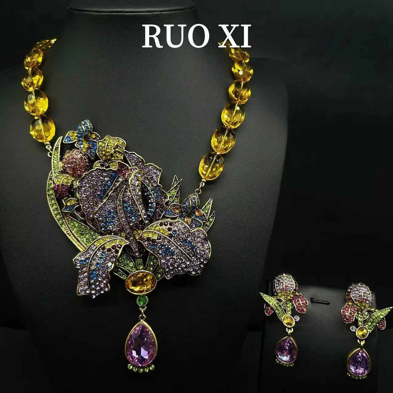 Ornament Vintage Purple Pearls Lavender Violet Light Luxury Heavy Industry Necklace and Earrings Suite