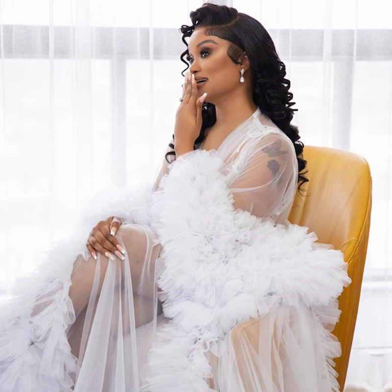 Luxury White Tulle Puffy Bridal Robe Maternity Photoshoot Wedding Outifit Photograph Dress