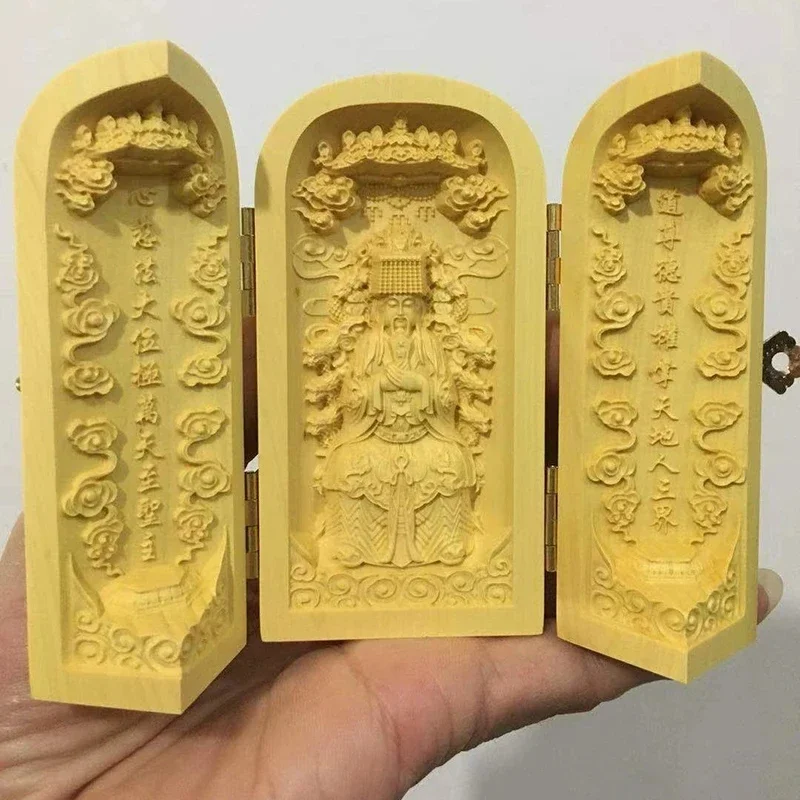 

Round shape jade emperor wood carving,Triptych solid wood carving ，Fine carving mythology figure Home decoration statue