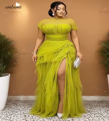 Charming Lemon Green Mermaid Evening Dress 2026 Short Sleeve Tulle Plus Size Prom Dress Black Girls High Slit Dance Birthday