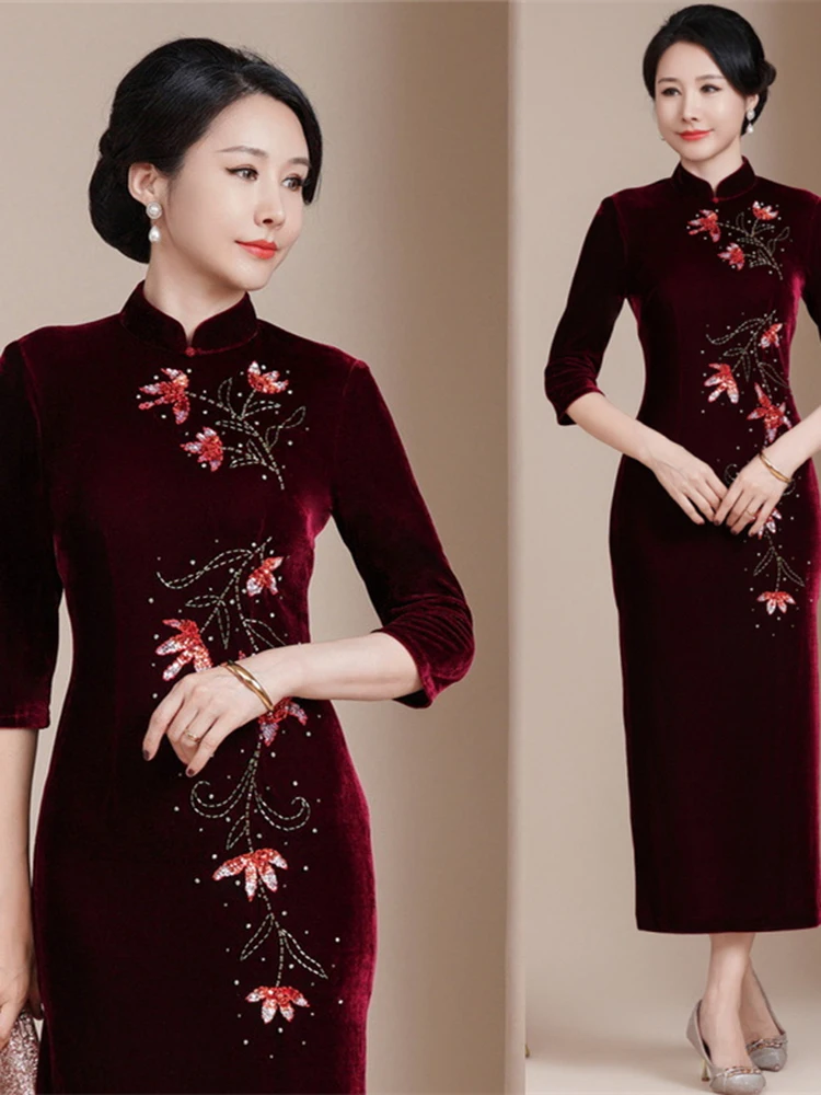 

Длинное бархатное платье для молодых женщин, мам, дочерей, свекровей, на свадьбу, дышащее, с цветочным узором, с рукавом три четверти