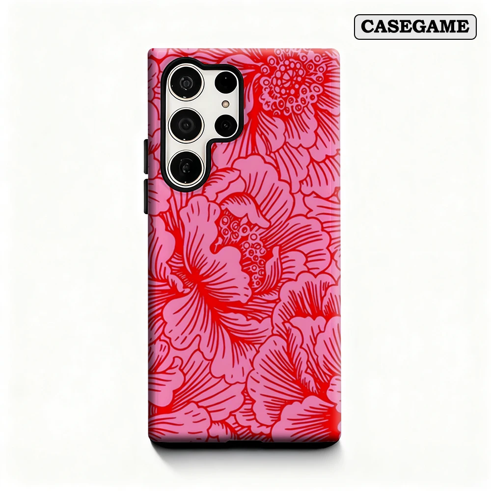 Casegame Phone Case for Samsung Galaxy S26 S25 Ultra S24 S23 Plus Shockproof Double Layer Tough Back Pink Hibiscus Floral Cover