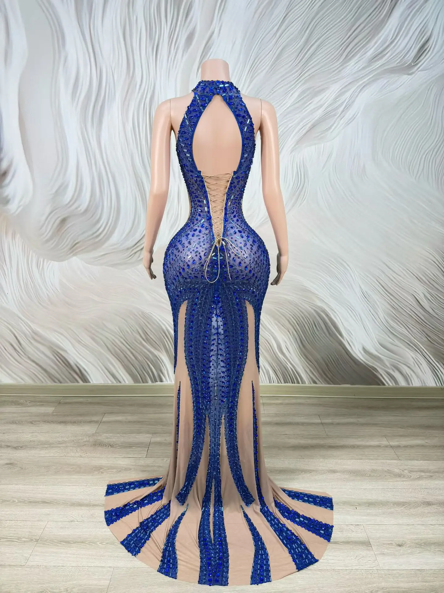 Chanming Luxury Nude Mesh Full Blue Gradient Rhinestone Mermaid Dress Halter Collar High Front Slit Birthday Photoshoot Gown