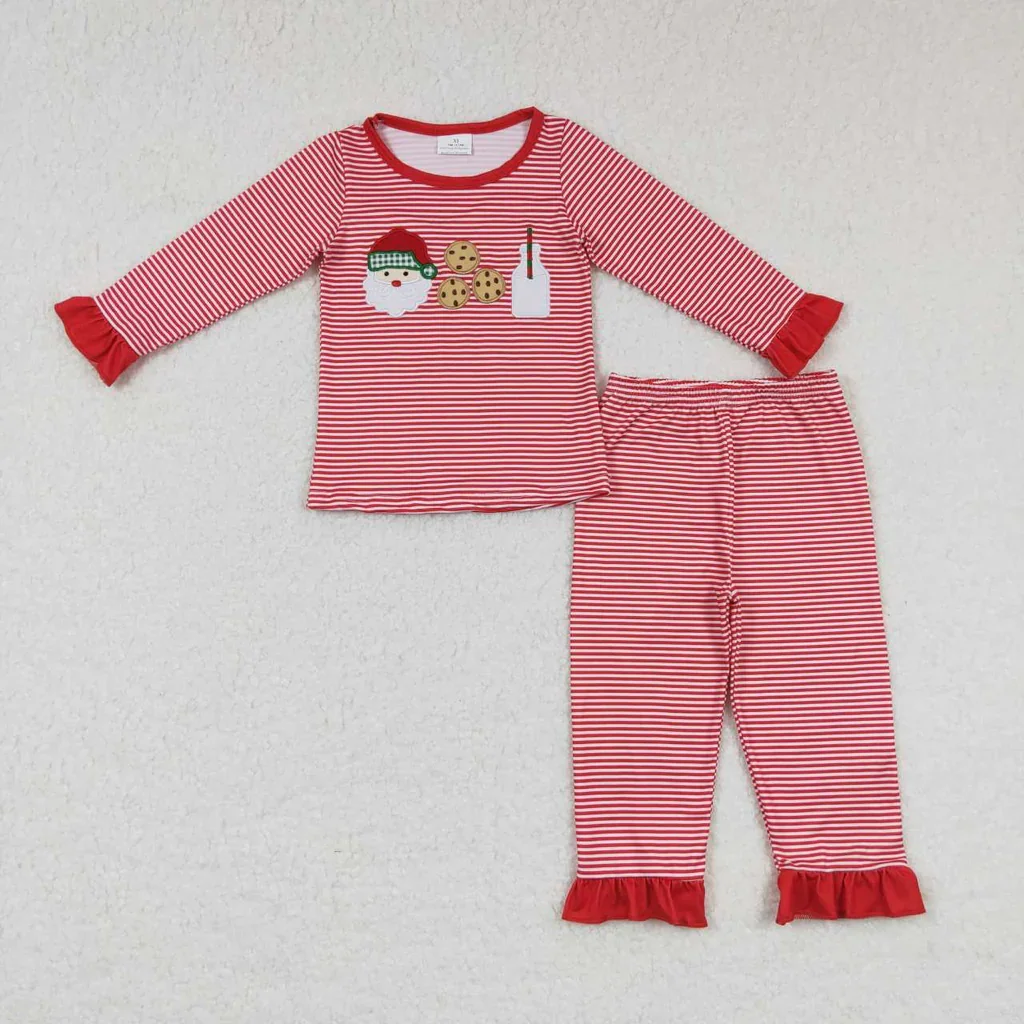 

Embroidery Girl's Christmas Cookie Milk Santa Red Stripe Girl Pajamas Set