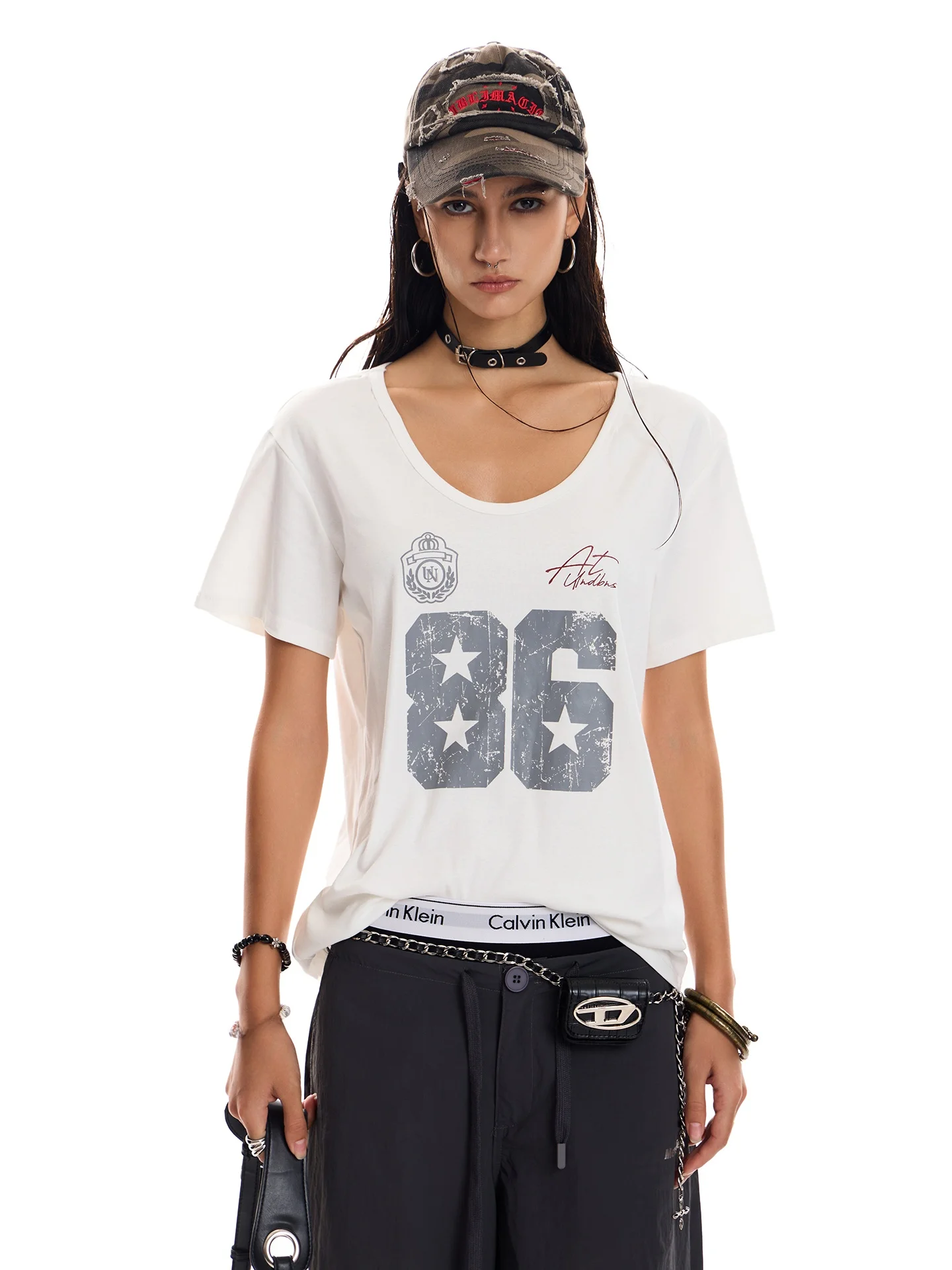 

023start American Retro Hot Girl U-ne ort Sve футболка летняя свободная дышащая модная футболка с большим воротником для похудения