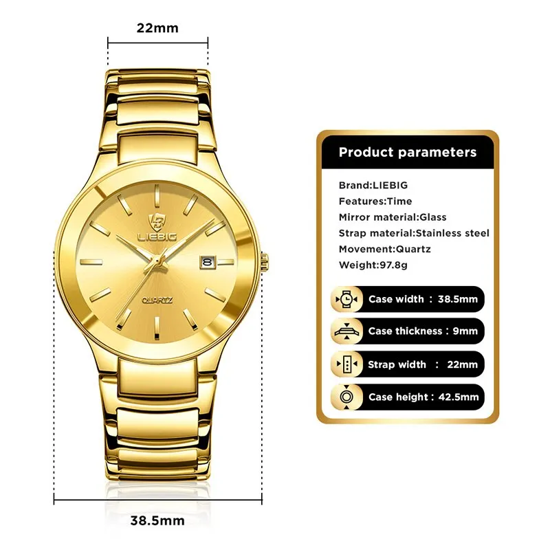 LIEBIG Luxury Golden Stainless Steel Quartz Watch Women Men Waterproof Date Wristwatches For Ladies Female Clock Montre Femme