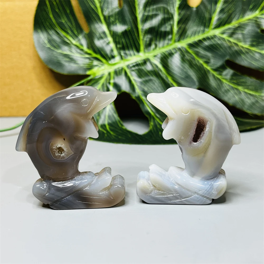 Natural Gemstones Dolphins Marine Spirits Agate Geode Hand-carved Home Room Decoration Festival Gifts Spiritual Stones Healing
