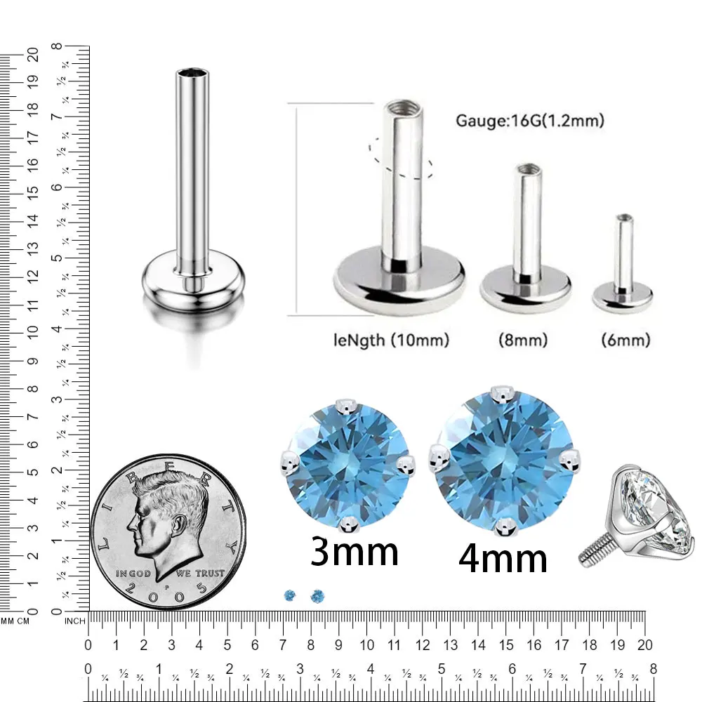 Colorful 5A+ Zircon Threaded Earrings G23 TItanium 3/4mmCZ Labret Stud Piercing Nose Studs Four Prong Fine Jewelry for Women