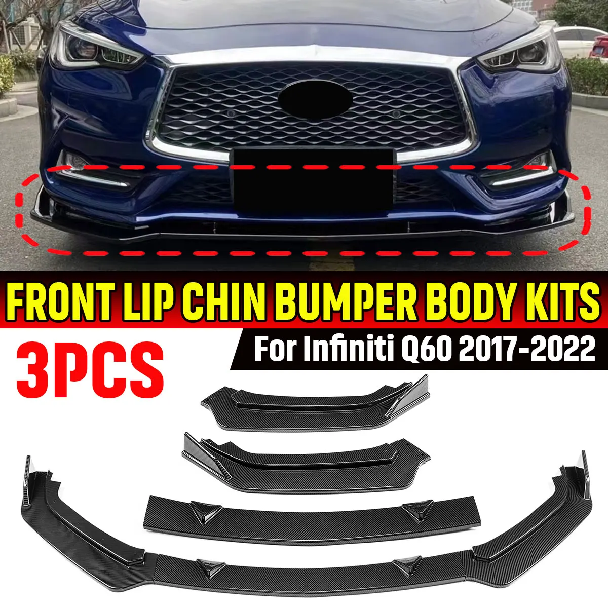 Q60 Car Front Bumper Lip Spoiler Surround Molding Cover Trim Body Kit For Infiniti Q60 2017-2022 Front Bumper Lip Splitter