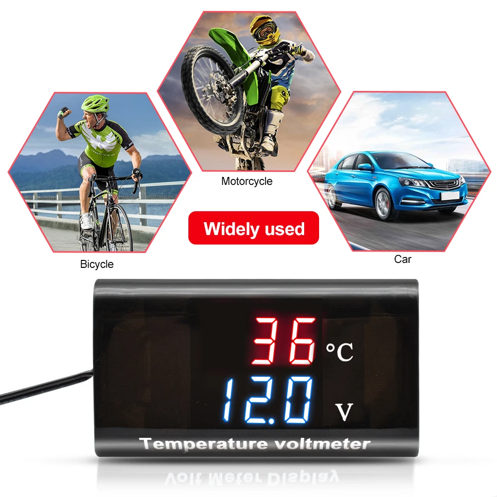 Imagem -02 - Dual Display Led Digital Sensor de Temperatura Voltímetro Medidor de Tensão Testador para Carro Motocicleta dc 12v 028