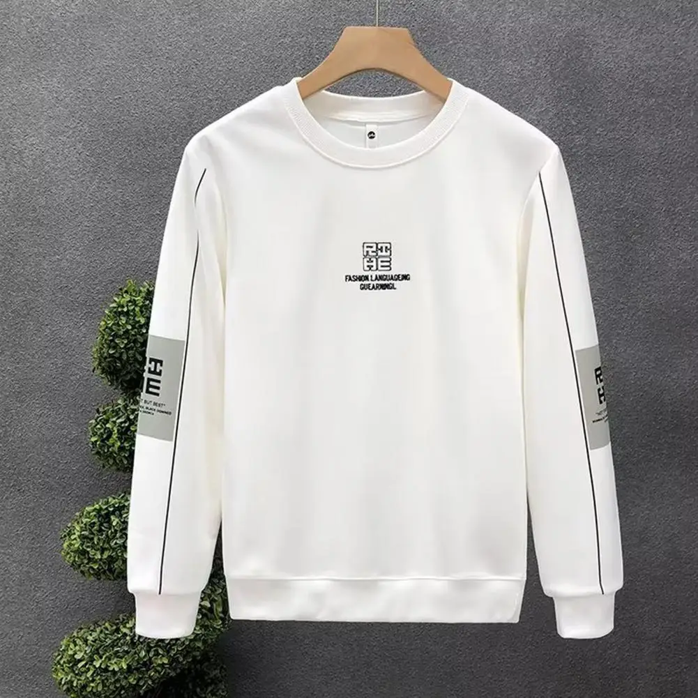 Long Sleeve Base Layer Sweatshirt Men's Fall Winter Embroidered Letter Print O Neck Sweatshirt with Elastic Cuff Soft for Daily