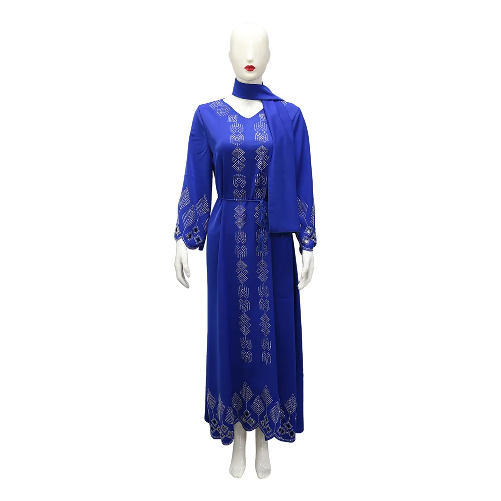 Muslim Fashion Women's Abaya V-neck Burnt Flower Inlaid Diamond Tassel Belt Fashion Elegant Women's Dress Dress Robe
