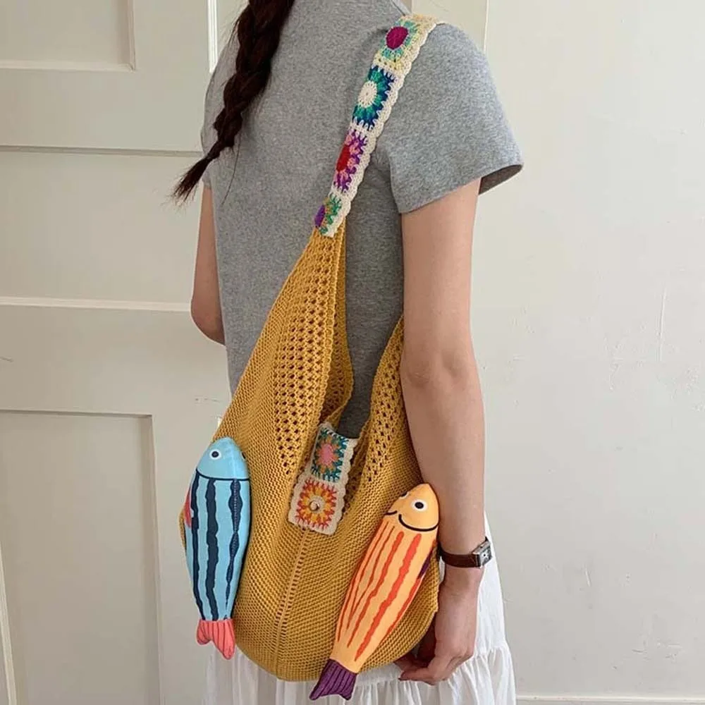 

Sweet Summer Cotton Crochet Shoulder Bag Magnetic Buckle Fish Hollow Out Woven Bag Fashion Simple Tassels Beach Handbag Women