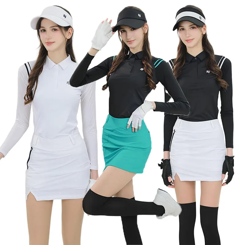 SG Women's Long Sleeve Sunscreen T-Shirt Ice Silk Cooling Polo Tops Ladies Slim Pleated Short Skirt with Inner Short XS-XL