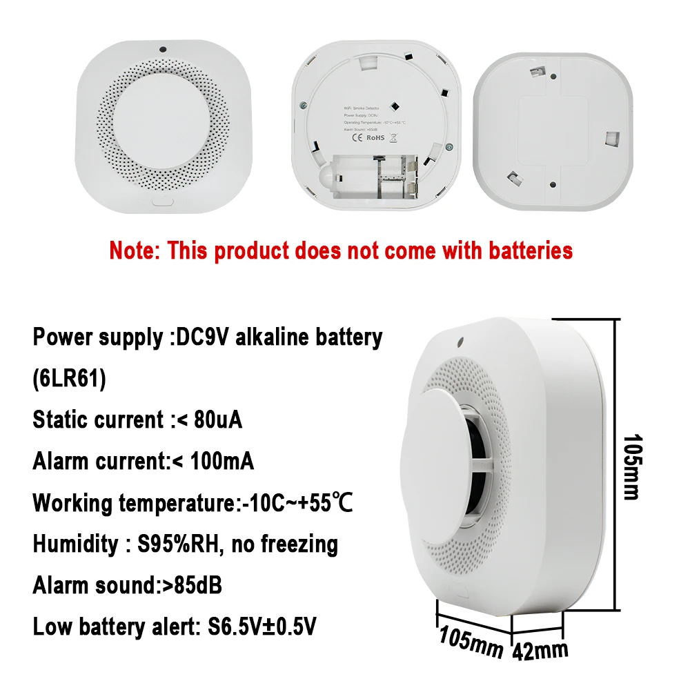 2 estilos Tuya Smart Zigbee / Wifi detector de humo inteligente contra incendios protección contra incendios alarma de seguridad para el hogar alarma de luz sonora control de aplicaciones