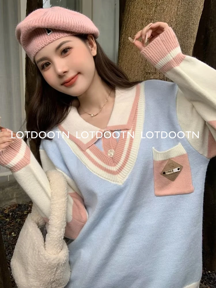 

LOTDOOTN Korean Fashion Y2K Sweater Women Preppy Style Autumn V-neck Cartoon Embroidery Knitted Tops Winter Long Sleeve Pullover