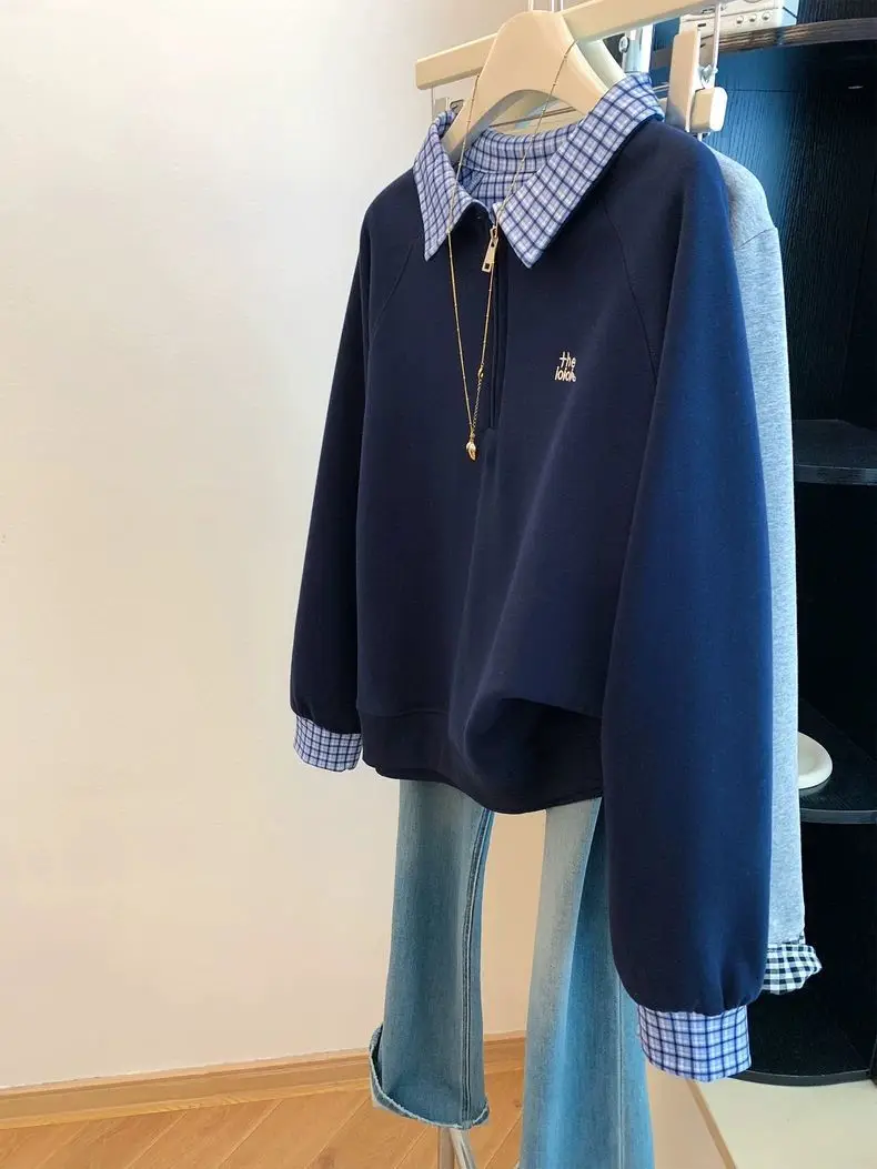 

Женская толстовка больших размеров в клетку с воротником, весенне-осенняя, свободного кроя, в стиле колор-блок, корейский стиль, с длинным рукавом, теплая одежда