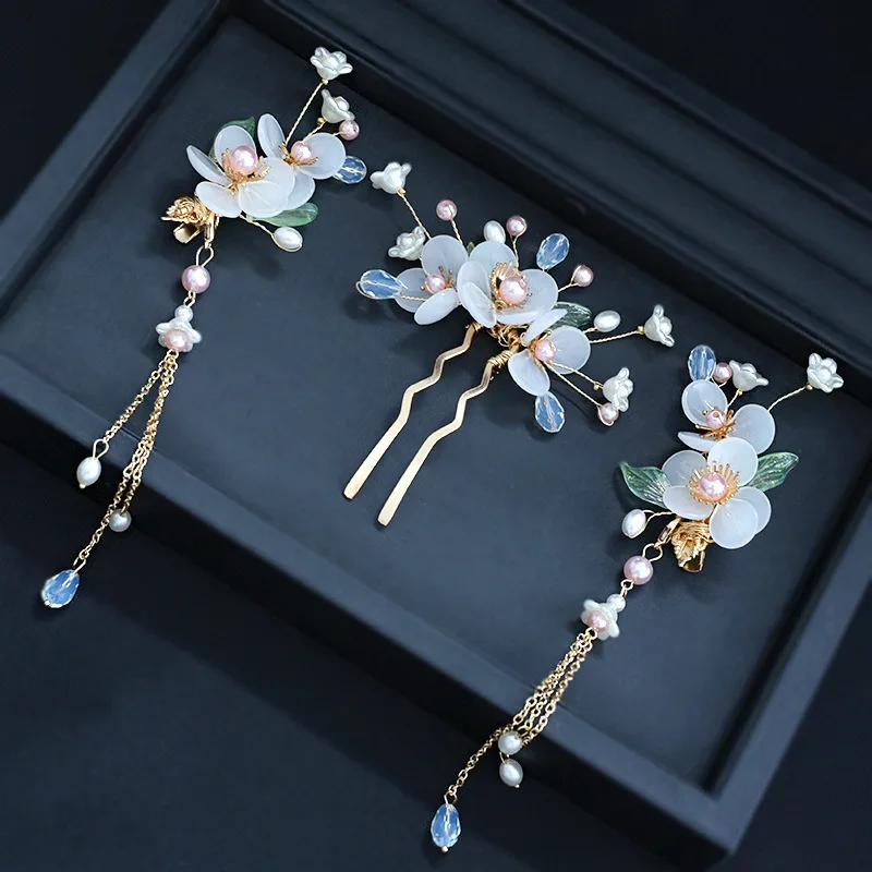 Cinese Hanfu accessori per capelli Set semplice retrò impreziosito fiore pettine per capelli ornamento per le donne ragazze puntelli per feste di Halloween