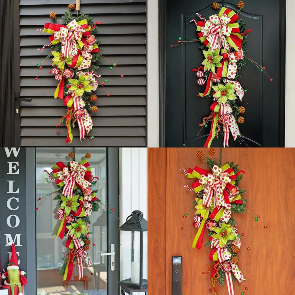 

24-светодиодный зимний венок с шариками, пуансеткой и лентами — искусственный зеленый и красный праздничный декор для улицы/в помещении