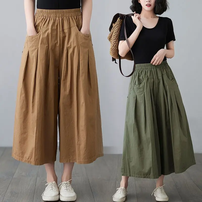 

Women Wide Leg Harem Pants Loose Cotton Ankle Length Elastic Waist Casual Summer Bottoms Solid Color Basic Style