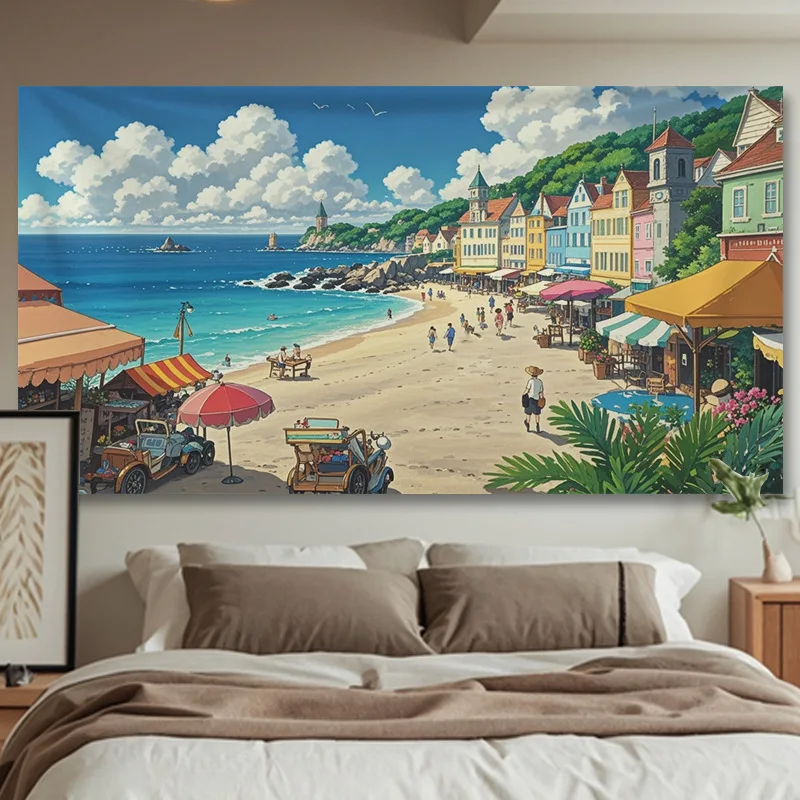 VIKAMA Coastal Town Seaview Tapestry - Seagull & Landscape Wall Hanging for Bedroom, Aesthetic Mediterranean Home Decoration