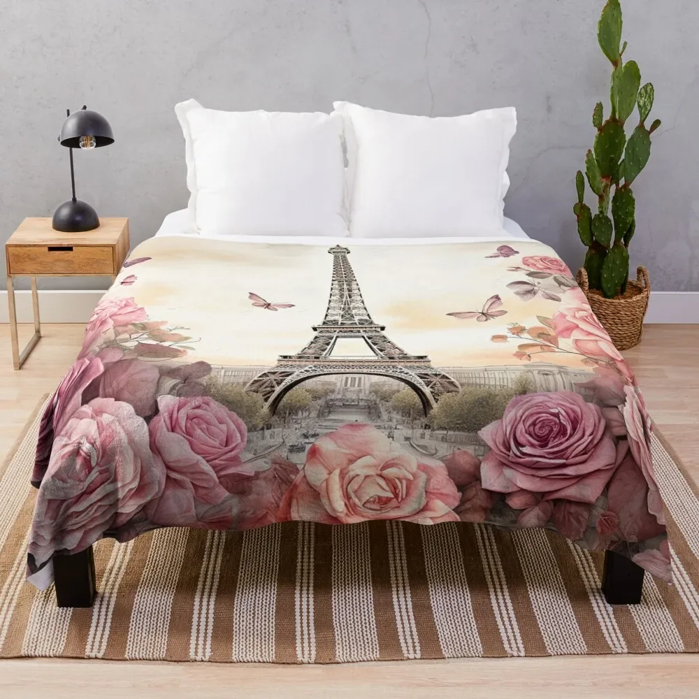 

Vintage Eiffel Tower Paris with pink roses Throw Blanket Fluffy Shaggy Decorative Sofas Travel Blankets