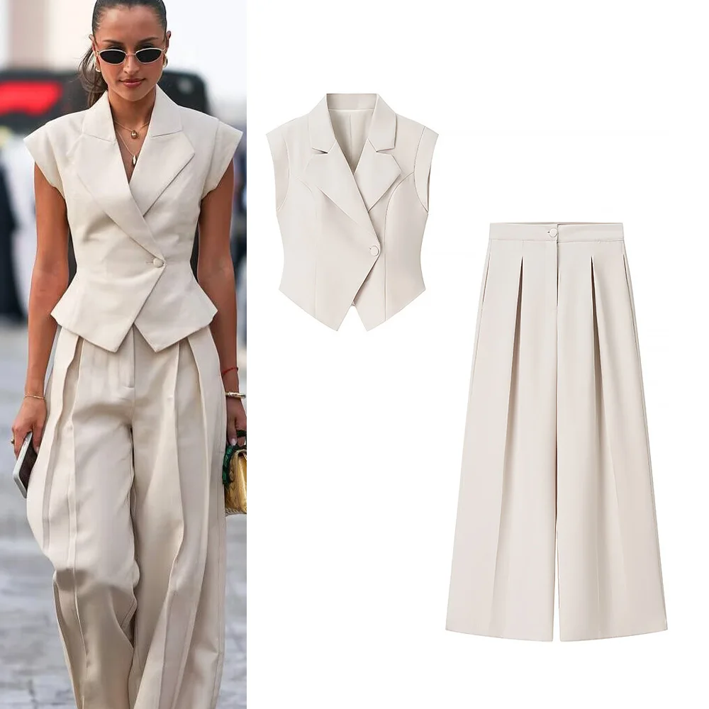 

2 Pcs Women Chic Pants Suit Casual Turn-down Collar Slim Top+ Zipper Waist-drooping Wide-leg Long Pants Fashion Summer Suits Set