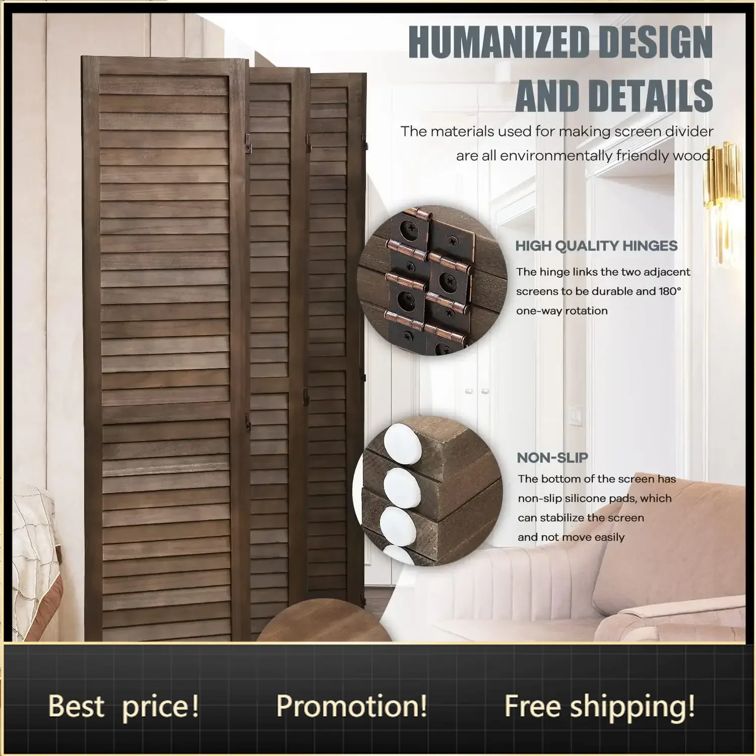 Room Divider 6 Panels, 5.75FT Wooden Room Divider Wall Folding Privacy Screens Freestanding Partition for Home Office