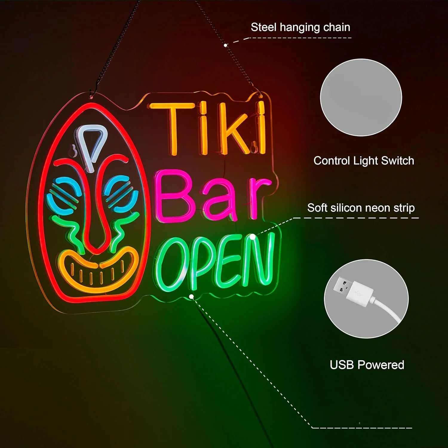 Tiki Bar Open Neon Sign LED Neon Light Sign for Art Man Cave Bar Pub Recreation Room Wall Artwork Sign Home Decor Christmas Gift