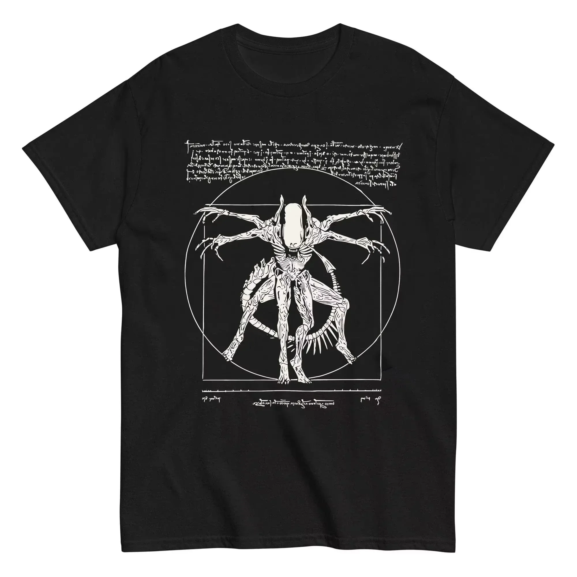 2026Sci-fi Vitruvian Creature Sketch Graphic Oversized T-Shirt for Kids Adults Vintage Manuscript Line Art Print Loose Crew Neck