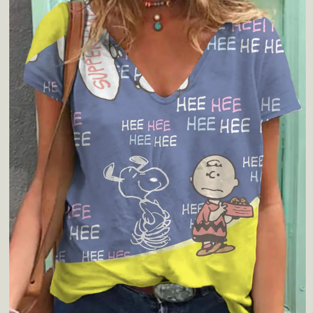 Women’s Shirts V-neck Short Sleeves Snoopy print High Street Special Design Lady Casual Tee Top Retro Style Loose T-shirt Female