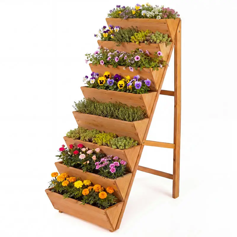 Jardinière surélevée verticale à 8 niveaux en bois avec pieds - Orange. Structure stable en bois massif, design surélevé pour éviter l'humidité du sol, idéale pour cultiver diverses plantes en extérieur.