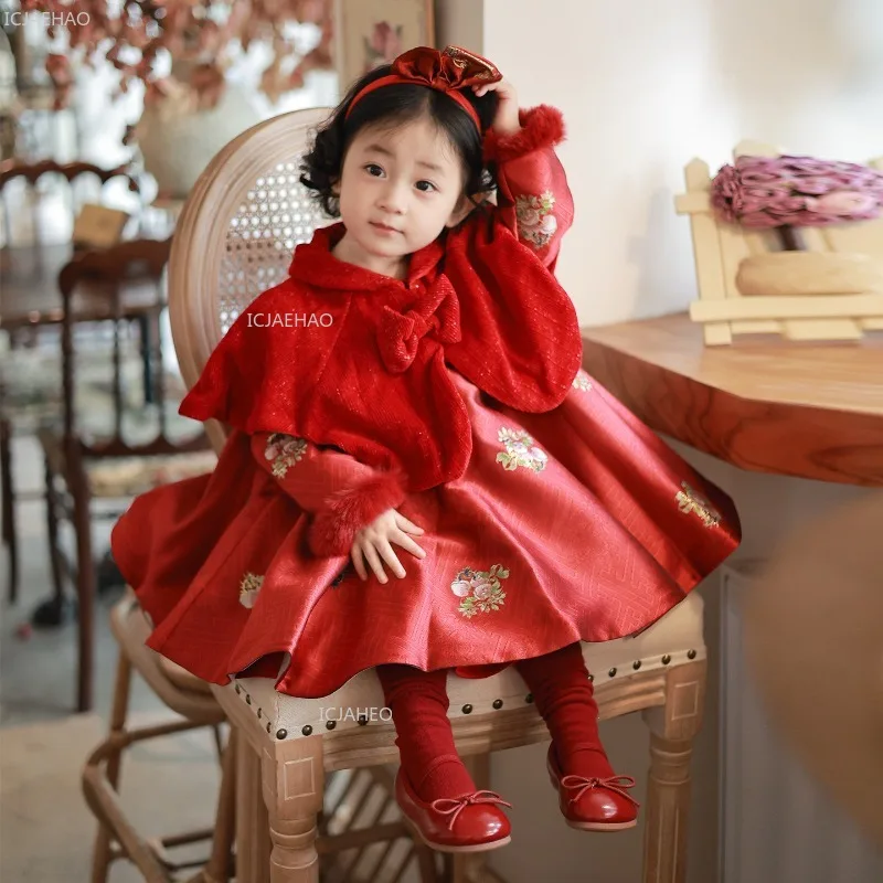 

Красное праздничное платье для девочки на первый день рождения с длинным рукавом, наряд принцессы, церемониальный костюм, банкетный красный наряд, китайский детский костюм на Новый год