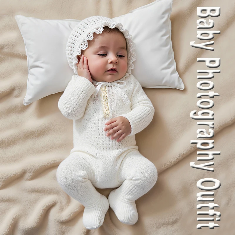 2Pcs Newborn Photography Romper Footed Jumpsuit Long Sleeve With Matching Pomp Hat Baby Boy Girl Outfits for Photoing