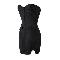Sexy Two Piece Set Overbust Corset Plus Size Corsets and Bustiers Tops With Mini Skirt Striped Office Women Dress Sets
