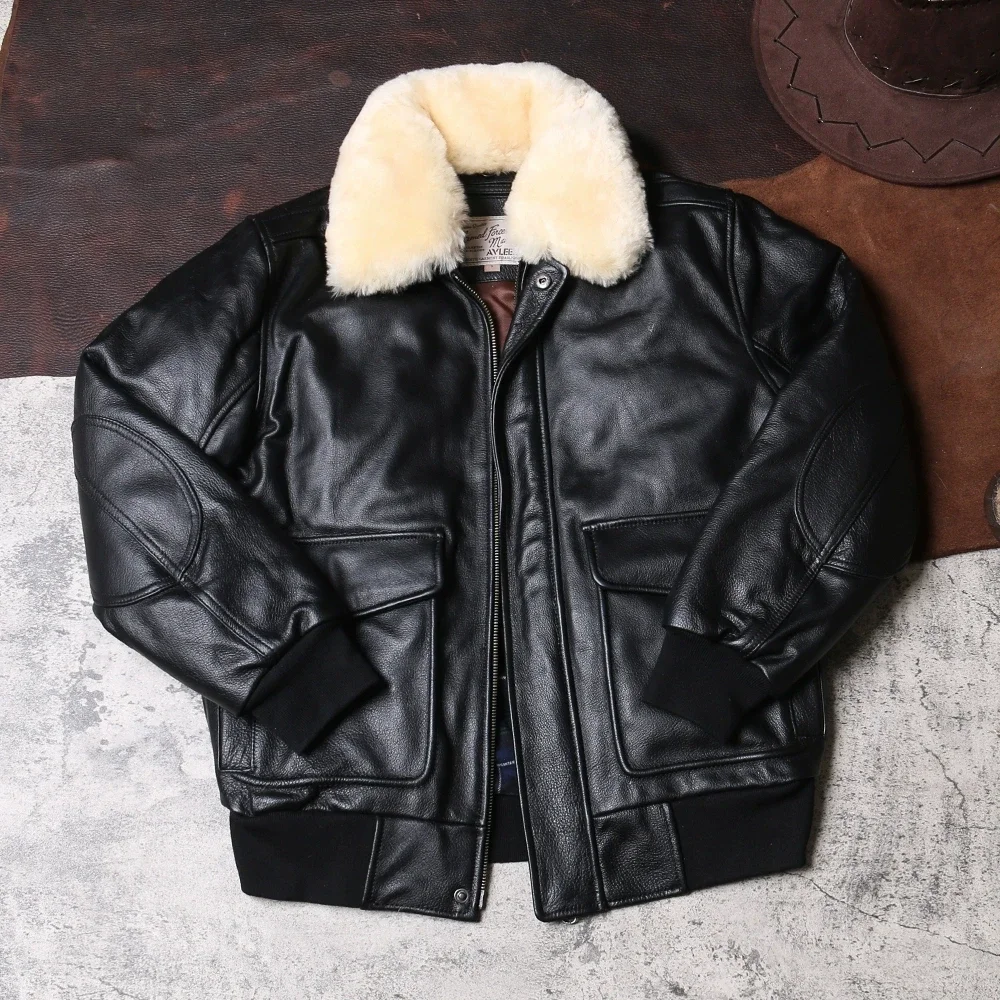 

DSC681 Super Offer! US Big Size Air Force G1 Pilot Warm Real Removable Fur Collar Genuine Cow Leather Coat Cowhide Bomber Jacket