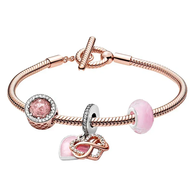 Fashion Romantic Silver Gold Pink Charm Happy Family Original Pandora Color Bracelet for Women DIY Jewelry Production