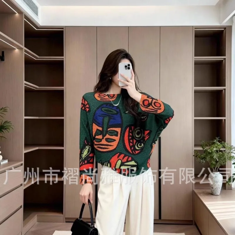 Miyake Pleated 2025 Autumn and Winter New Bat Long-sleeved Pleated Blouse Loose Temperament Commuter Bottoming Shirt Female