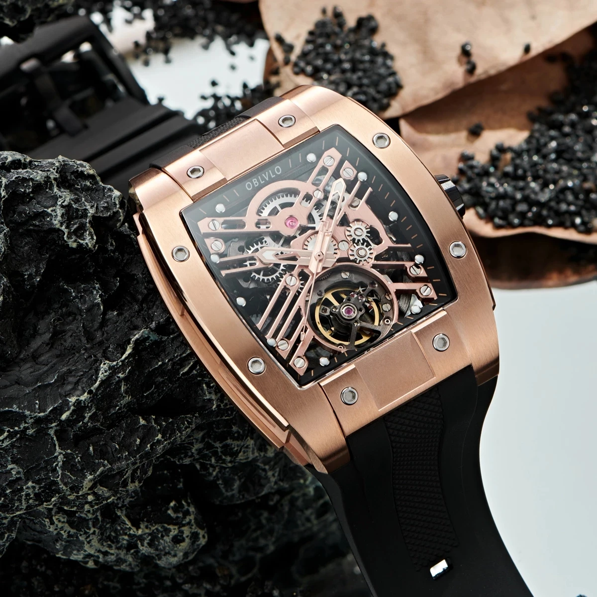 OBLVLO Steampunk Men's Watches Brand Luxury Hollow Automatic Mechanical Watch Men Tourbillon Stainless Steel Men Watches