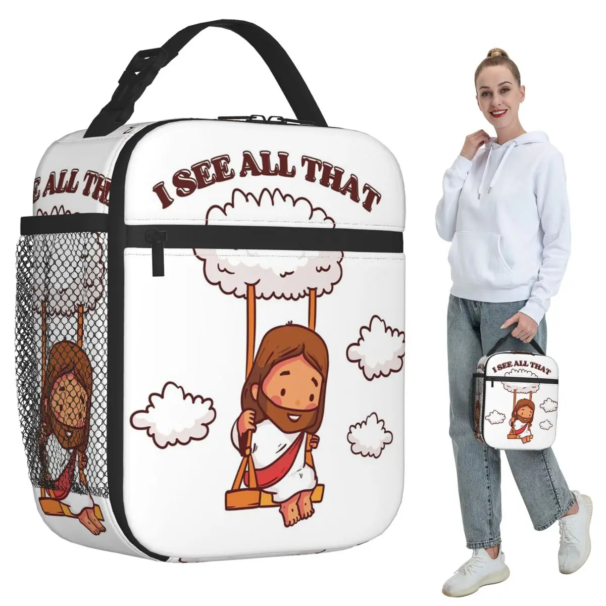 I See All That Cute Jesus On A Cloud Swing Insulated Lunch Bag for Kids School Cooler Thermal Food Box Tote Lunch Boxes